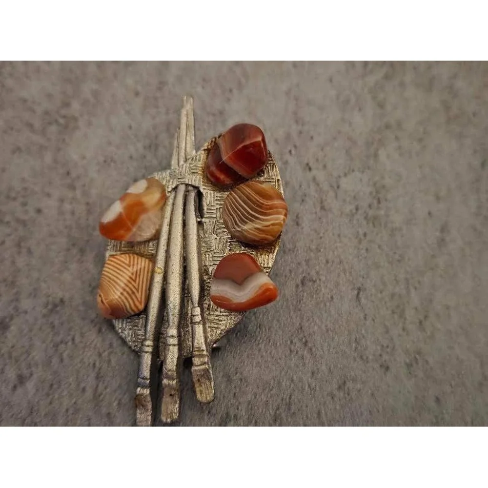 Vintage Artist Palette Brooch Banded Agate Paint Brushes Silver Tone Pin Art